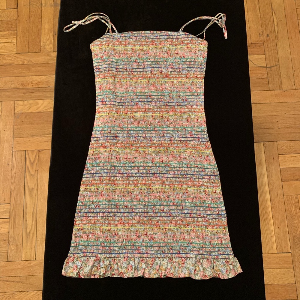 Tie Strap Floral Print Smocked Dress W/Ruffle Trim